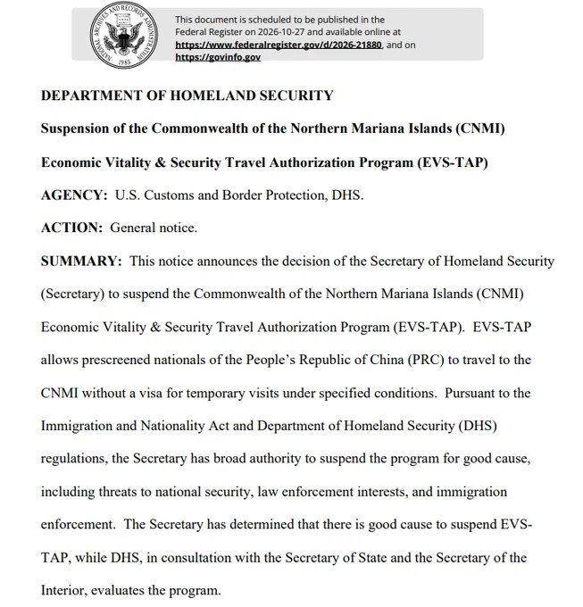 Suspension of the Commonwealth of the Northern Mariana Islands (CNMI) Economic Vitality & Security Travel Authorization Program (EVS-TAP)